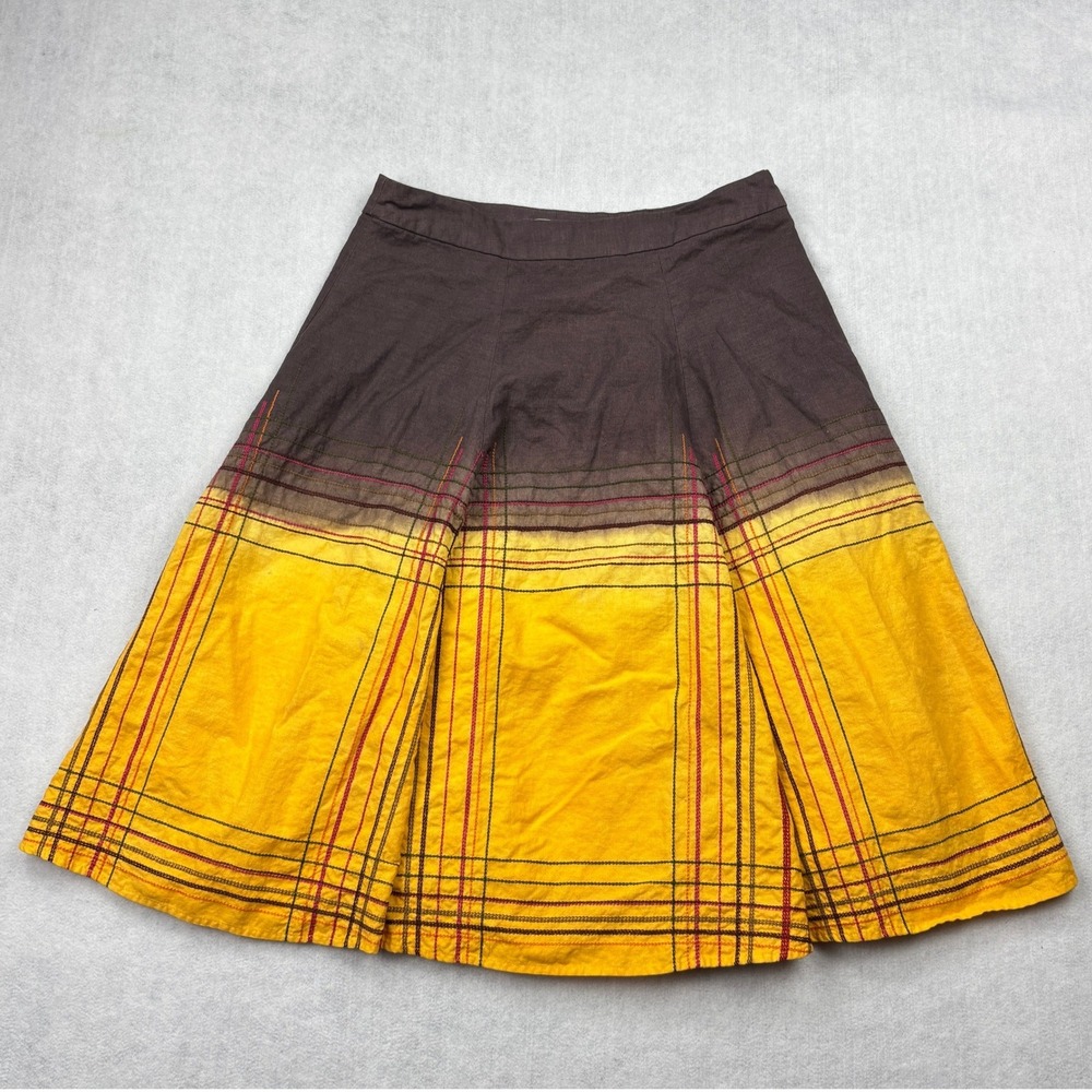 WD NY Skirt Womens 12 Brown Yellow Ombre Dip Dye Plaid Linen Blend A Line 12